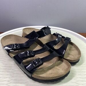Birkenstock Birki's Unisex 3 Strap Black Patent Leather Sandals Wom Sz.9, Men 7
